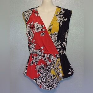 Baraschi Multi-Colored Floral Surplice V Neck Top Blouse Small